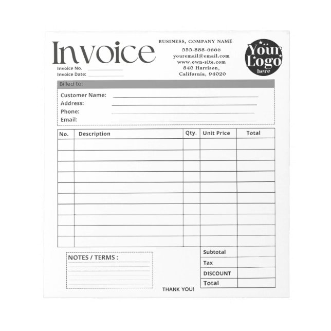 Bloc-note Facture de petite entreprise avec logo personnalis (Devant)
