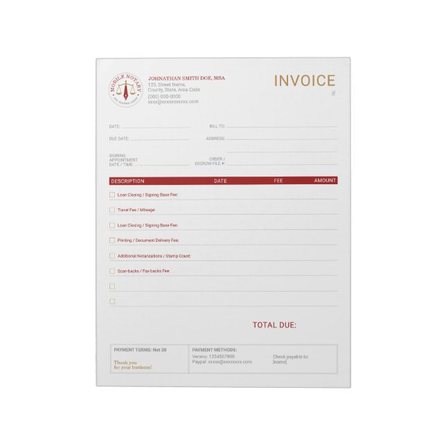Bloc-note Facture de signature juridique de notaire mobile p (Tourné)