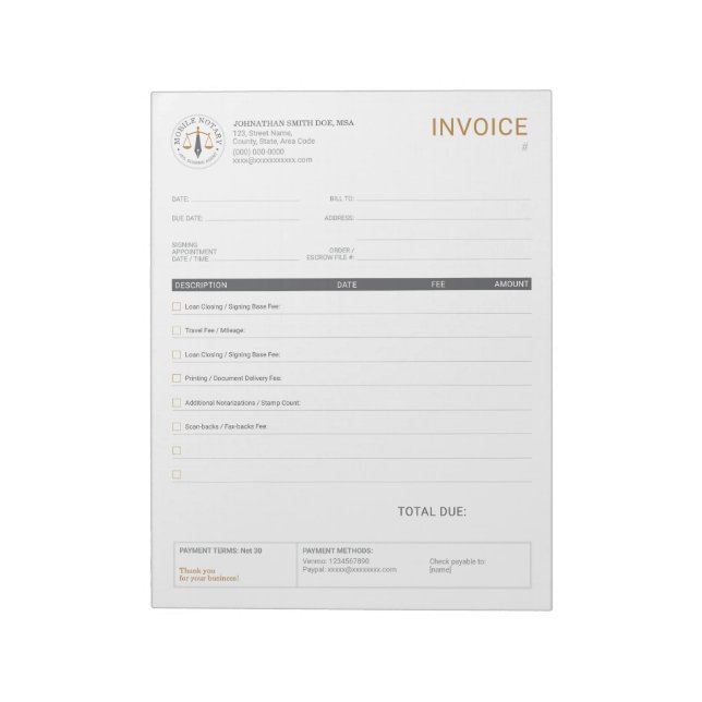 Bloc-note Facture de signature juridique de notaire mobile p (Tourné)