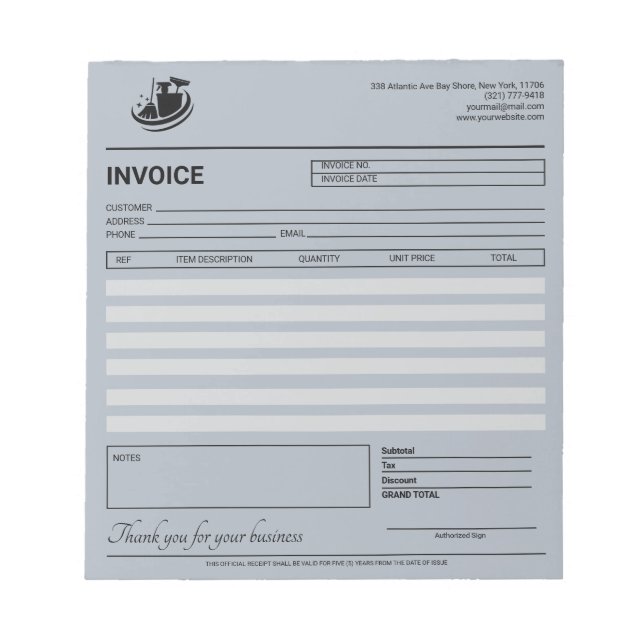 Bloc-note Facture / Reçu du service de nettoyage élégant  (Devant)