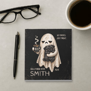 Bloc-note Fantôme Grincheux Tenant un Chien Pug Noir Meh Hal