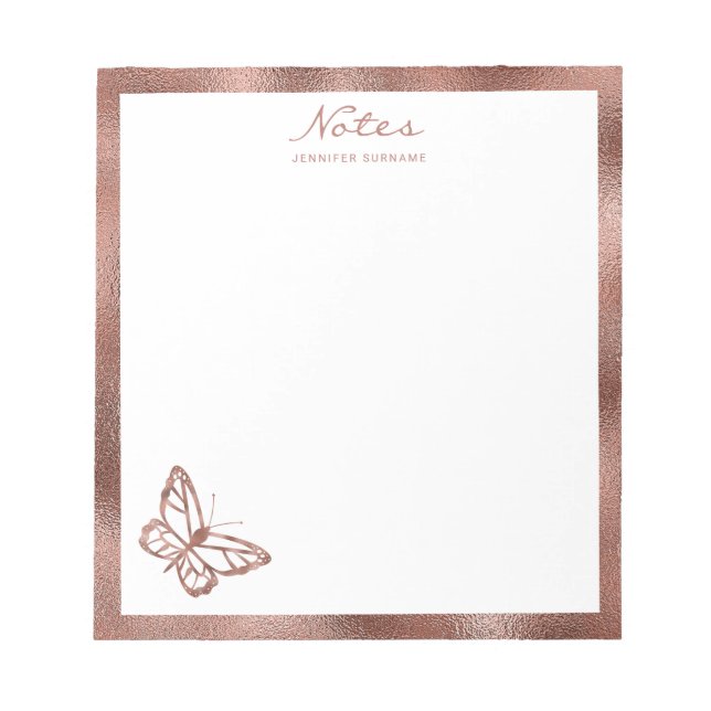 Bloc-note Faux Rose Gold Foil Butterfly & Custom Text (Devant)
