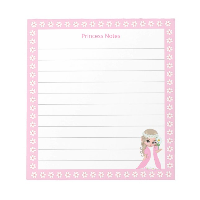 Bloc-note Fée mignonne Princesse & Fleurs blanches sur Lined (Devant)