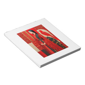 Bloc-note Femme en robe fleurie rouge & un oiseau rouge