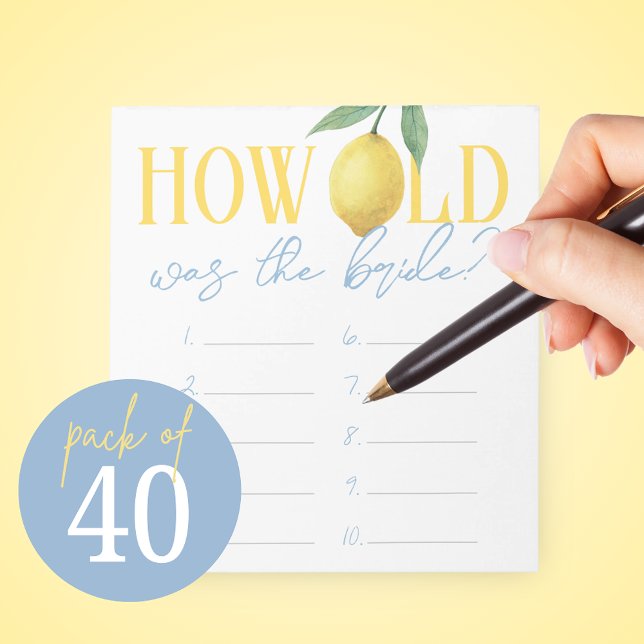 Bloc-note Feuille de réponses au jeu Quel âge avait la marié (How Old Was the Bride Pack of 40 Watercolor Lemon Game Answer Sheets)