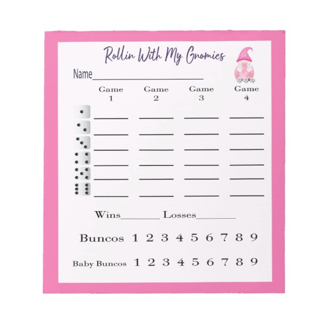 Bloc-note Feuille de score Bunco Pad Cute Gnome Rose (Devant)