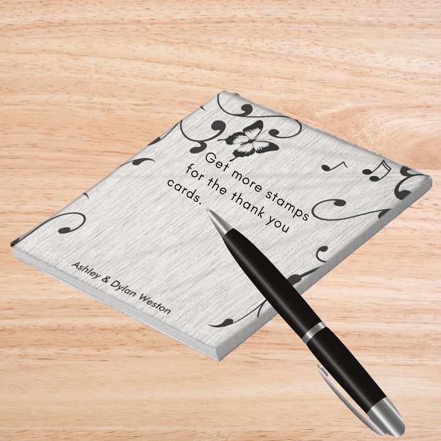Bloc-note Feuille  gris et noir Mariage de bois (Music Butterfly Leaves Gray & Black Wood Wedding Notepad)