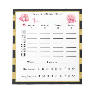Bloc-note Feuilles de score Bunco Noir, Or Anniversaire