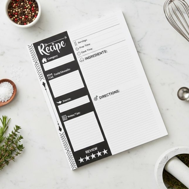 Bloc-note Feuilles modernes noir & blanc | Pages de recette  (Blank Cooking Paper for DIY Cookbook & Personalized Meal Organizer | 40 sheets | Family Owned Brand)