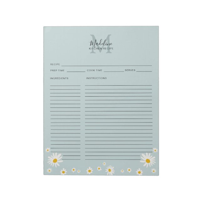 Bloc-note Fiche de recette à monogramme en script sarcelle m (Tourné)