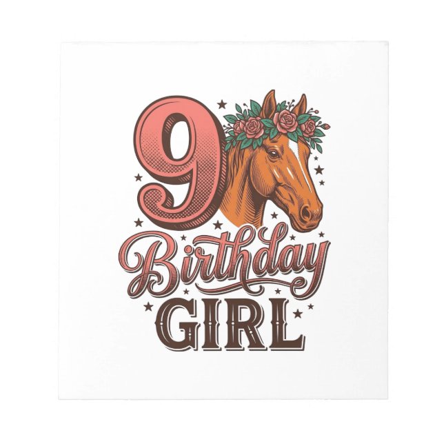 Bloc-note Fille 9ème anniversaire Cheval Floral Design Vinta (Devant)