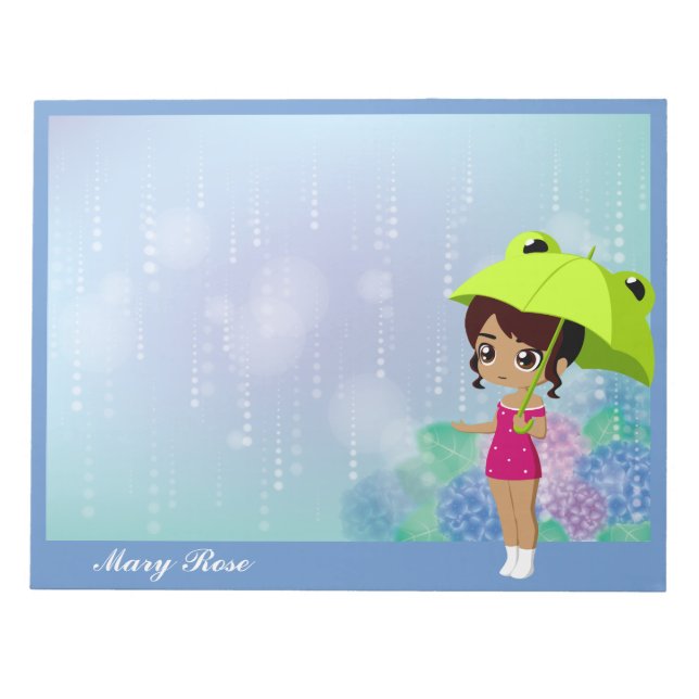 Bloc-note Fille Avec Grenouille Parapluie & Fleurs Hydrangée (Devant)