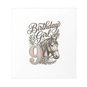 Bloc-note Fille d'anniversaire 9 Cheval Floral Gravure Vinta