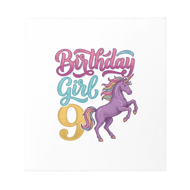 Bloc-note Fille d'anniversaire 9 Licorne Dessin de gravure v (Devant)