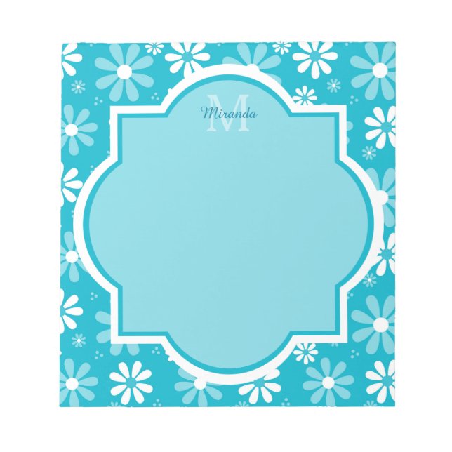 Bloc-note Fille Monogramme Turquoise Daisy Fleurs Avec Nom (Devant)