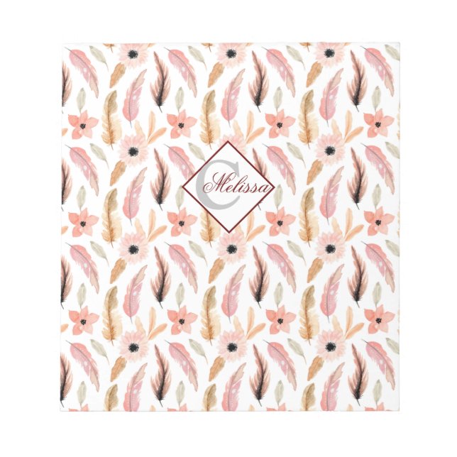 Bloc-note Fille rose florale Aquarelle Motif Nom Script (Devant)