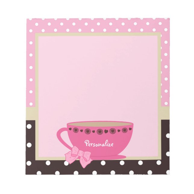 Bloc-note Fille Teacup rose et Brown Polka Dot Bow et nom (Devant)