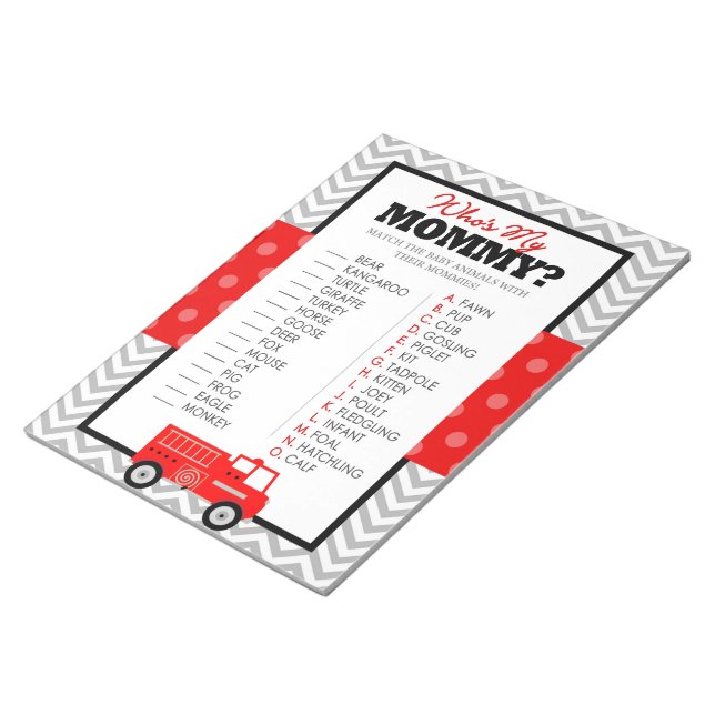 Bloc-note Firetruck Who's My Maman Baby Animal Shower Game (Incliné)