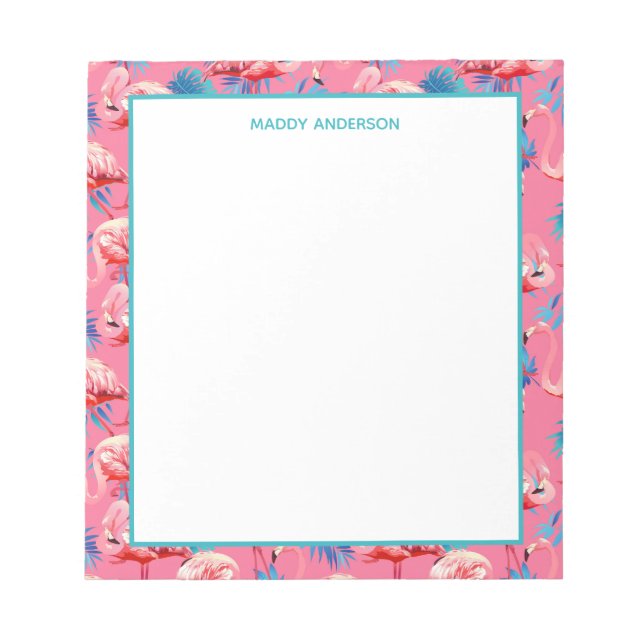Bloc-note Flamants roses et bleus Motif tropical monogramme (Devant)