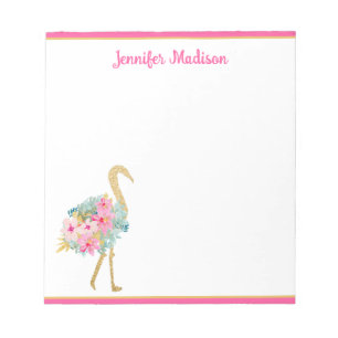 Bloc-note Flamants roses et or tropicaux avec des fleurs