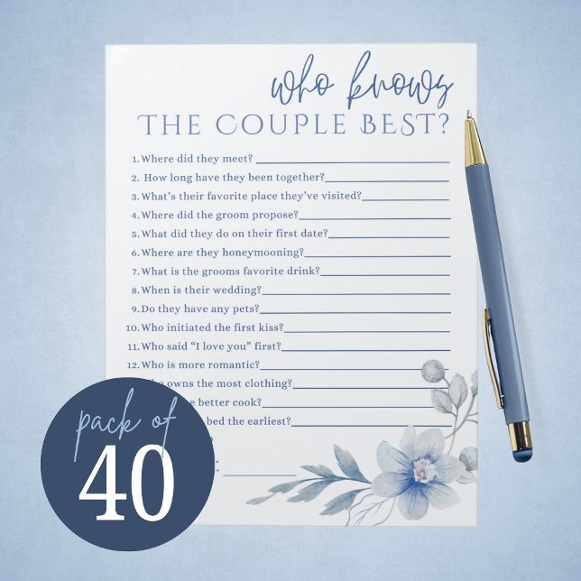 Bloc-note Fleur bleue qui connaît le couple meilleur jeu nup (Stunning Watercolor Blue Flower Who Knows the Couple Best Bridal Game Notepad Pack of 40 Games. )