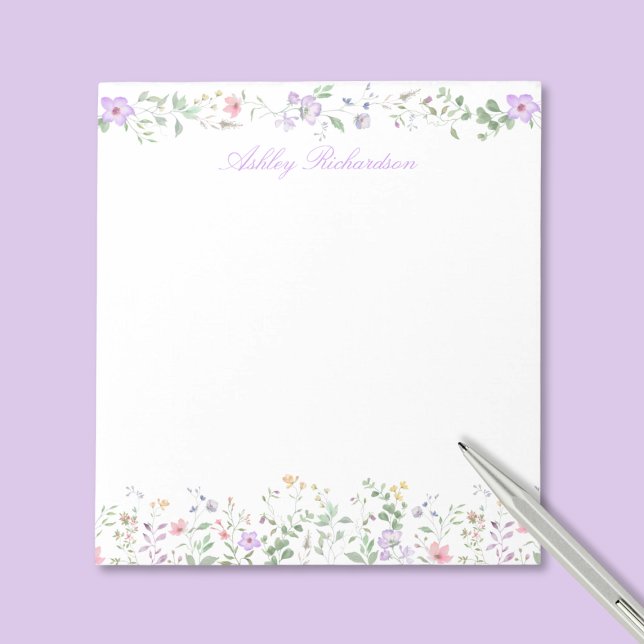 Bloc-note Fleur Sauvage Personnalisée (elegant pretty girly wildflower floral notepad with custom name monogram in script calligraphy)