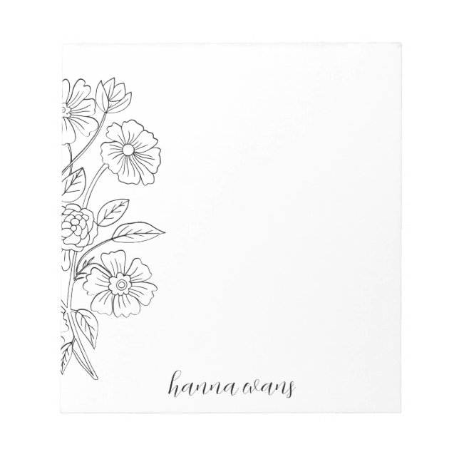 Bloc-note Fleur Stylée Mignonne Unique Moderne Noir & Blanc (Devant)