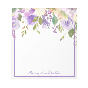 Bloc-note Fleurs aquarelles violettes nom personnalisable