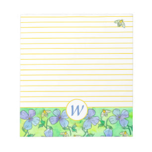 Bloc-note Fleurs Bleues Abeilles Monogramme Jaune