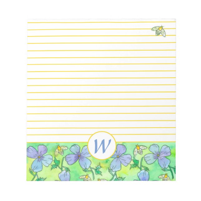 Bloc-note Fleurs Bleues Abeilles Monogramme Jaune (Devant)