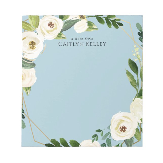 Bloc-note Fleurs d'aquarelle blanche, bleu Personnalisé (Devant)