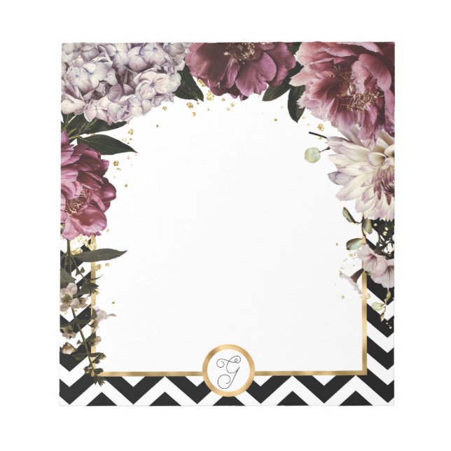 Bloc-note Fleurs de mauve monogramme et or avec Chevron (Devant)