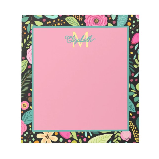 Bloc-note Fleurs de printemps modernes sur Monogramme noir (Devant)