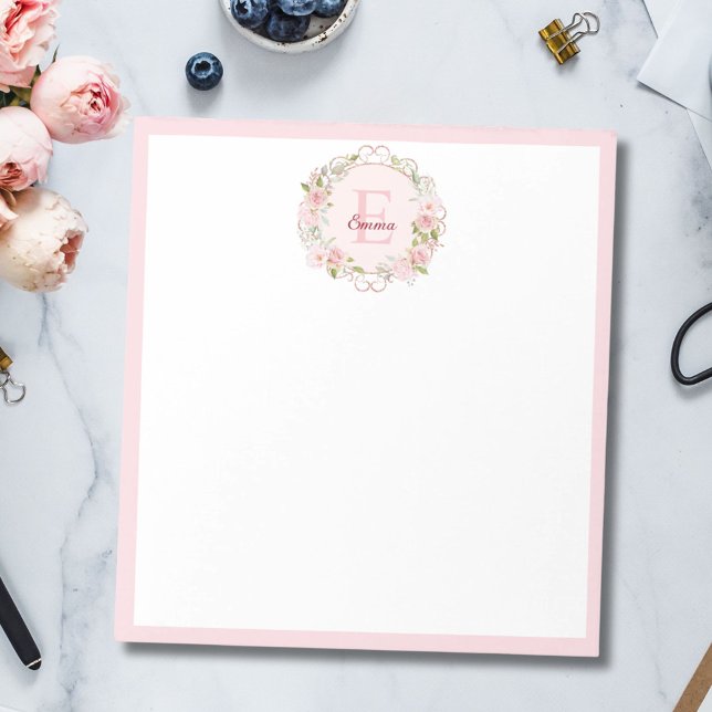 Bloc-note Fleurs de rose rose blush aquarelle à monogramme f (In situ)