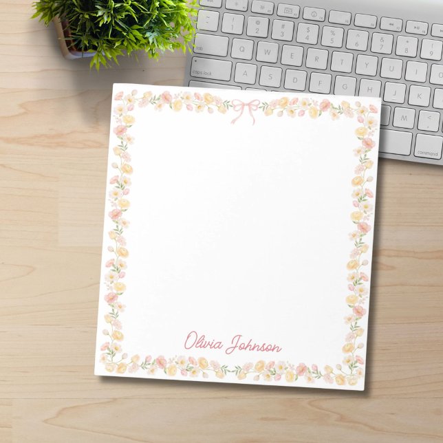 Bloc-note Fleurs Florales Jaune Rose Aquarelle Monogrammées (Créateur téléchargé)