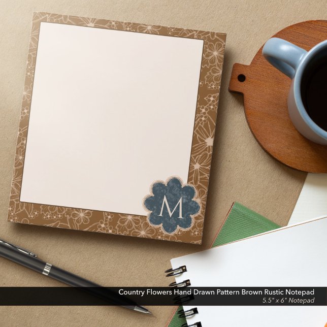 Bloc-note Fleurs Pays Main Tirée Motif Rustique Brown (Country Flowers Hand Drawn Rustic Pattern in Brown: 5.5"x6" Notepad with Navy Blue Monogram)