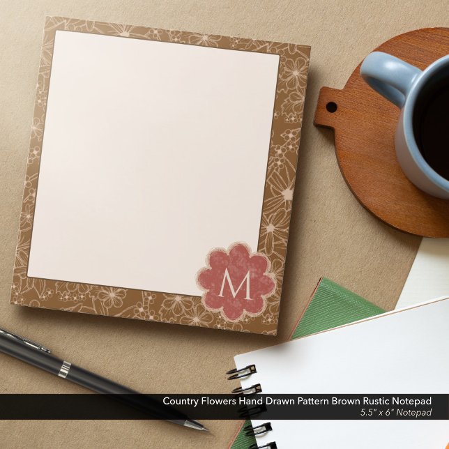 Bloc-note Fleurs Pays Main Tirée Motif Rustique Brown (Country Flowers Hand Drawn Rustic Pattern in Brown: 5.5"x6" Notepad with Brick Red Monogram)