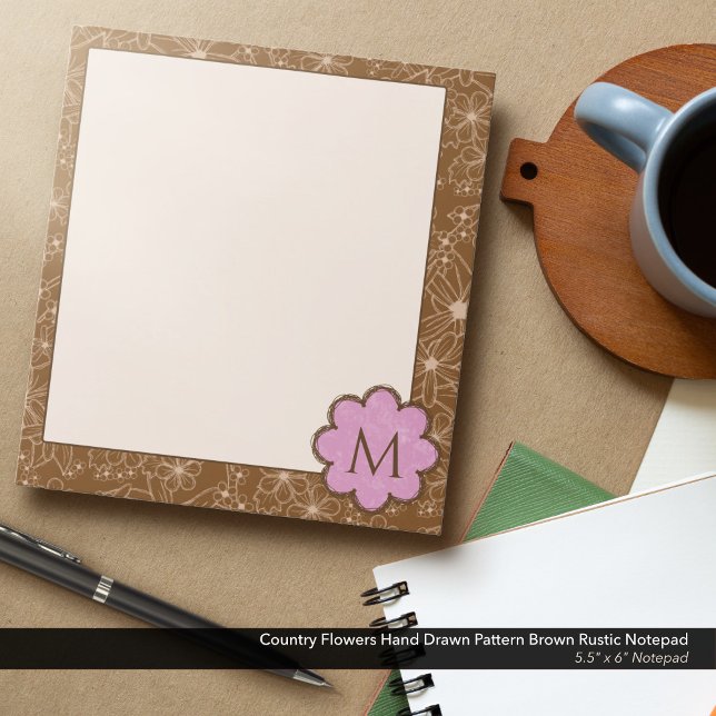 Bloc-note Fleurs Pays Main Tirée Motif Rustique Brown (Country Flowers Hand Drawn Rustic Pattern in Brown: 5.5"x6" Notepad with Soft Pink Monogram)
