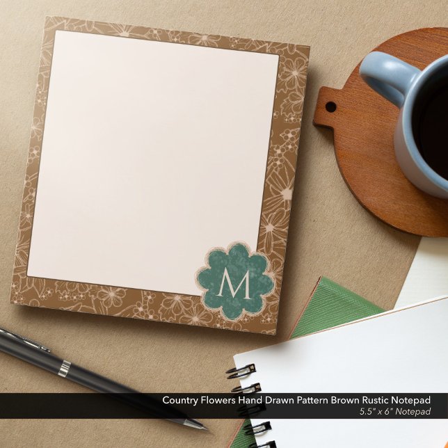 Bloc-note Fleurs Pays Main Tirée Motif Rustique Brown (Country Flowers Hand Drawn Rustic Pattern in Brown: 5.5"x6" Notepad with Hunter Green Monogram)