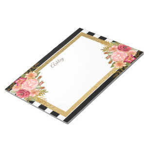 Bloc-note Fleurs personnalisées noir blanc rayures rose or