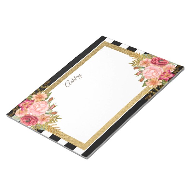 Bloc-note Fleurs personnalisées noir blanc rayures rose or (Incliné)