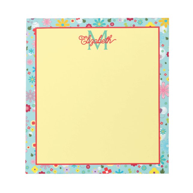 Bloc-note Fleurs printanières sur monogramme bleu aqua (Devant)