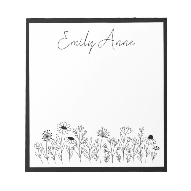 Bloc-note Fleurs sauvages noir et blanc Dessin au trait Fleu (Devant)