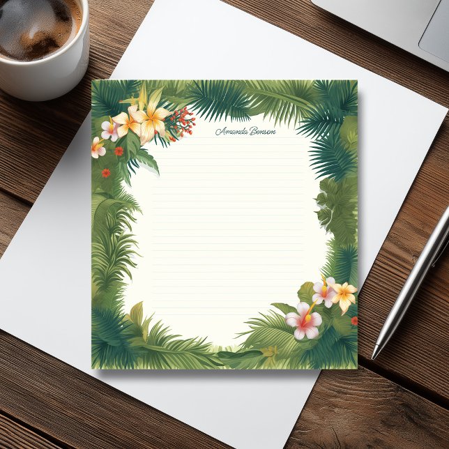 Bloc-note Fleurs tropicales vertes et illustrations Feuilles (Green Tropical Flowers & Leaves Illustration Notepad)