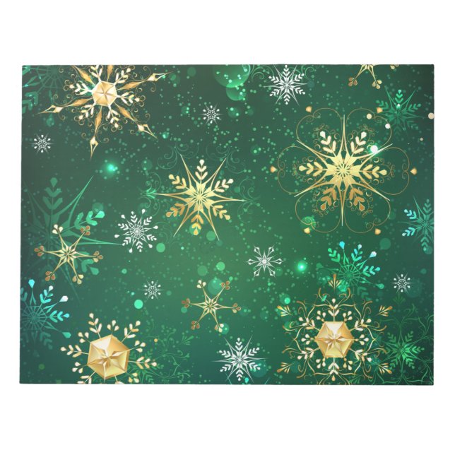 Bloc-note Flocons de neige dorés de Noël sur fond vert (Devant)