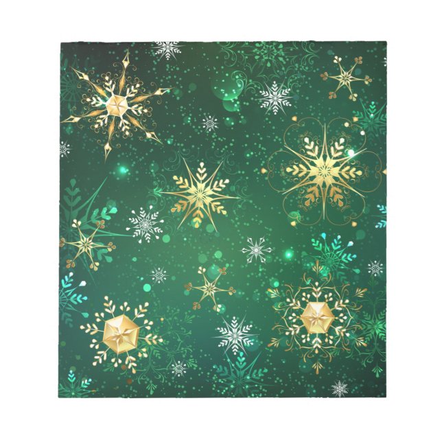 Bloc-note Flocons de neige dorés de Noël sur fond vert (Devant)