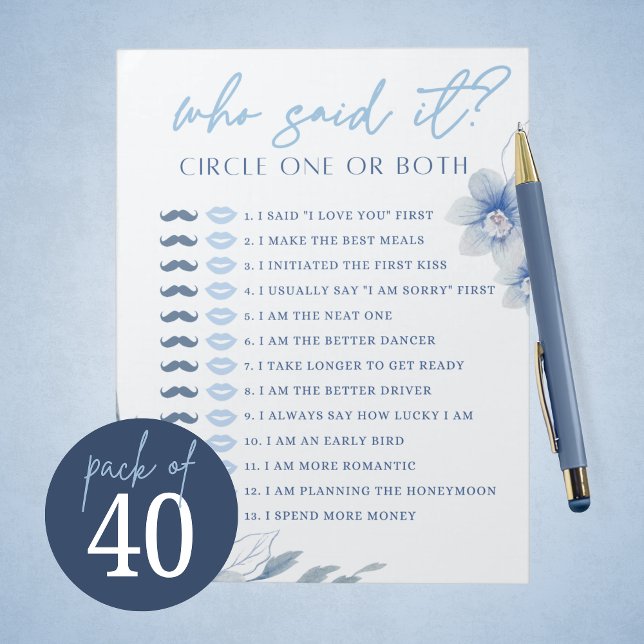 Bloc-note Floral Bleu Il A Dit Qu'Elle A Dit Douche Game Pac (Blue Watercolor Floral Who Said It Bridal Shower Game Pack of 40 Games)