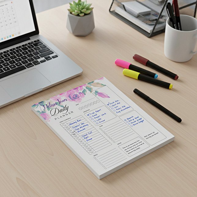 Bloc-note floral rose personnalisé planificateur quotidien p (Créateur téléchargé)