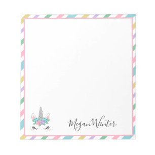 Bloc-note Floral Unicorn Pastel Stripes - Ajouter Votre Nom