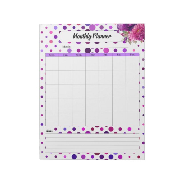 Bloc-note Floral violet Pois _ Planificateur mensuel (Tourné)